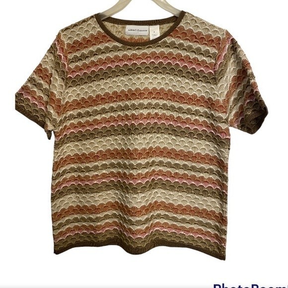 Alfred Dunner Knit Top Crochet Going Native Scalloped Brown Cream Rust Size M - Picture 5 of 10